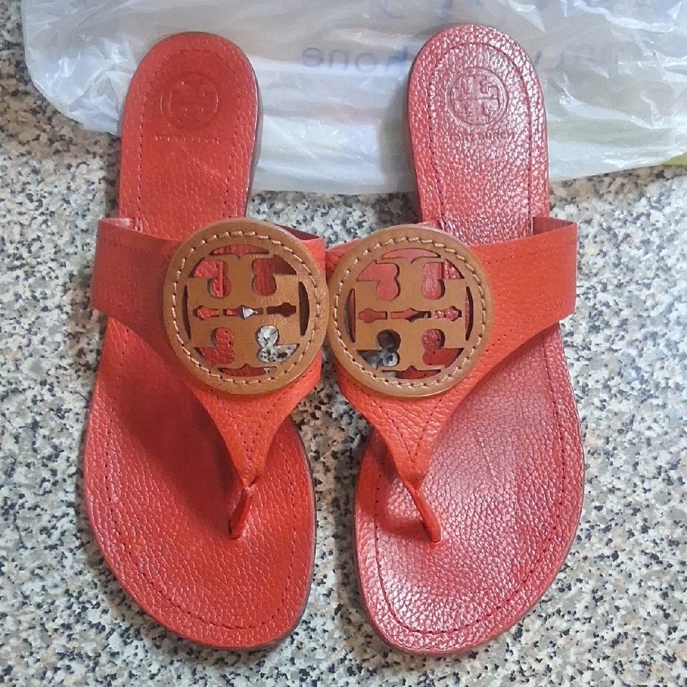 Tory Burch Red Leather Miller Thong Sandals with Tan Logo Medallions